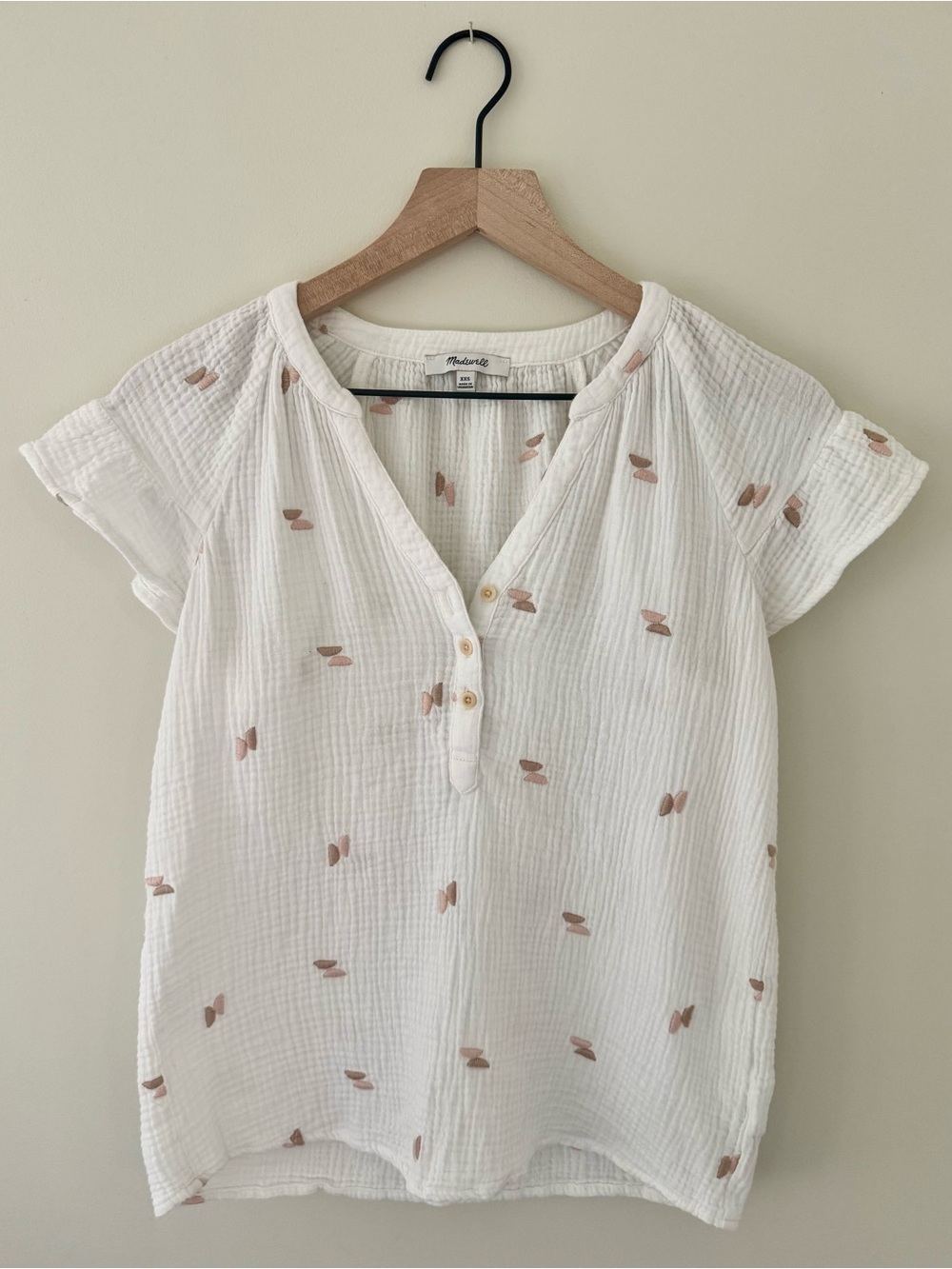 Madewell White Gauze Henley Top with Taupe Dot Motif